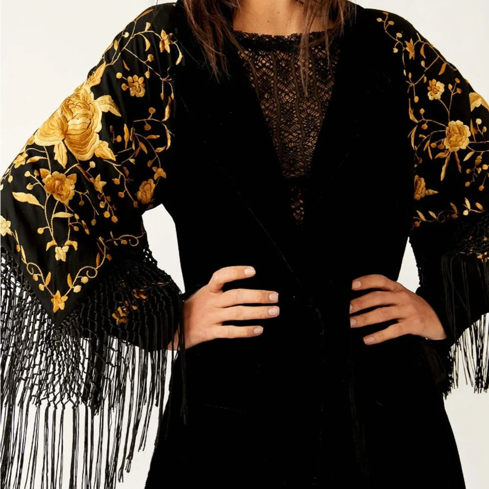 Free People Bali Rosalina Duster, Black Velvet, Gold Embroidery, Fringe Sleeves - Picture 2 of 9